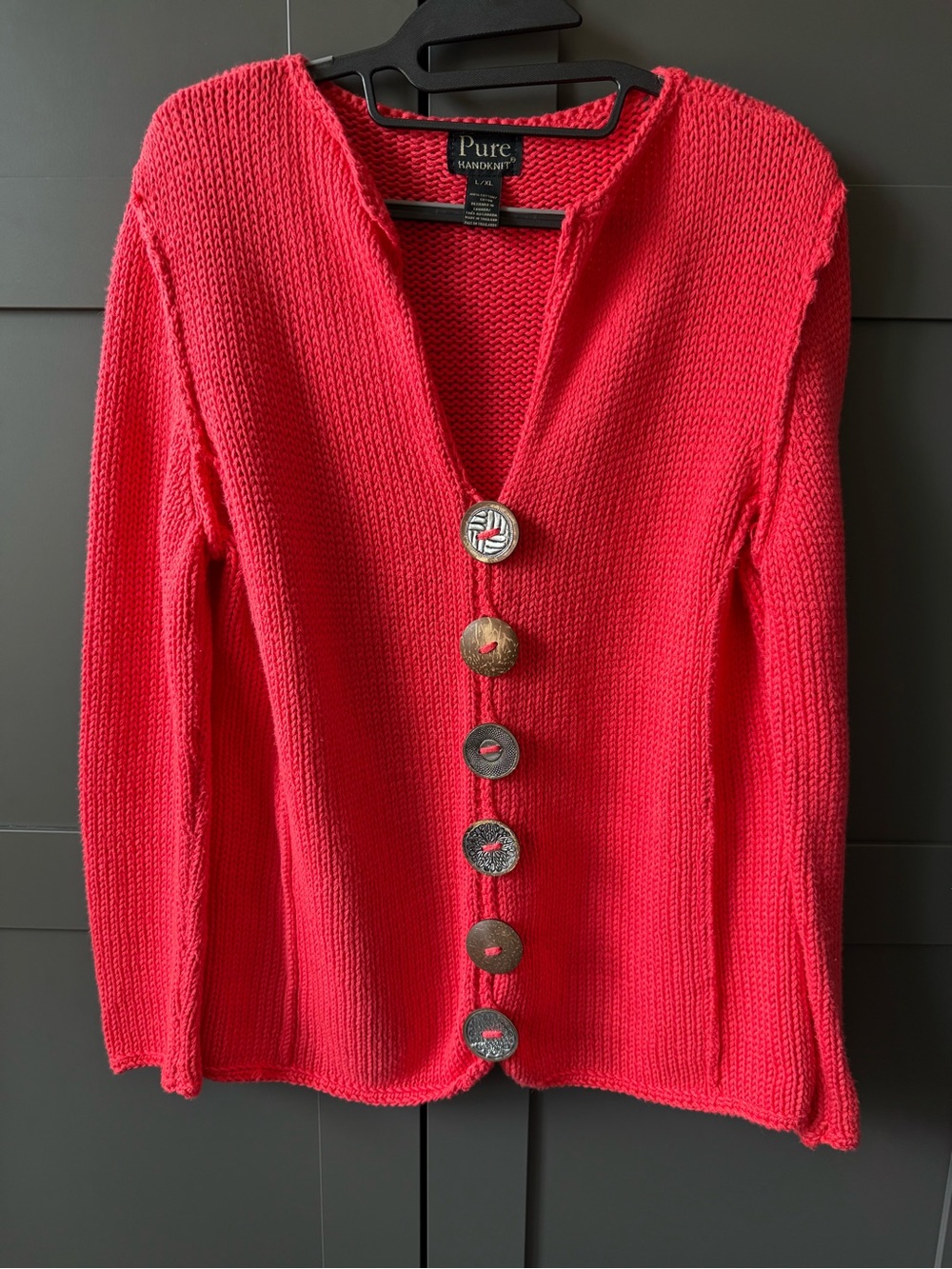 Pure Handknit brand Bright coral Chunky 100% cott Knit Sweater. L 12/14 Canada - Picture 3 of 15